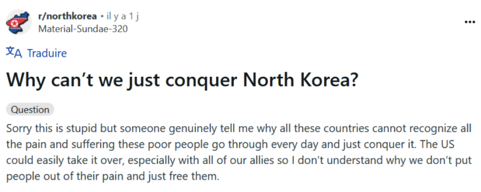 Reddit post in r/northkorea asking why countries can't conquer North Korea to alleviate suffering