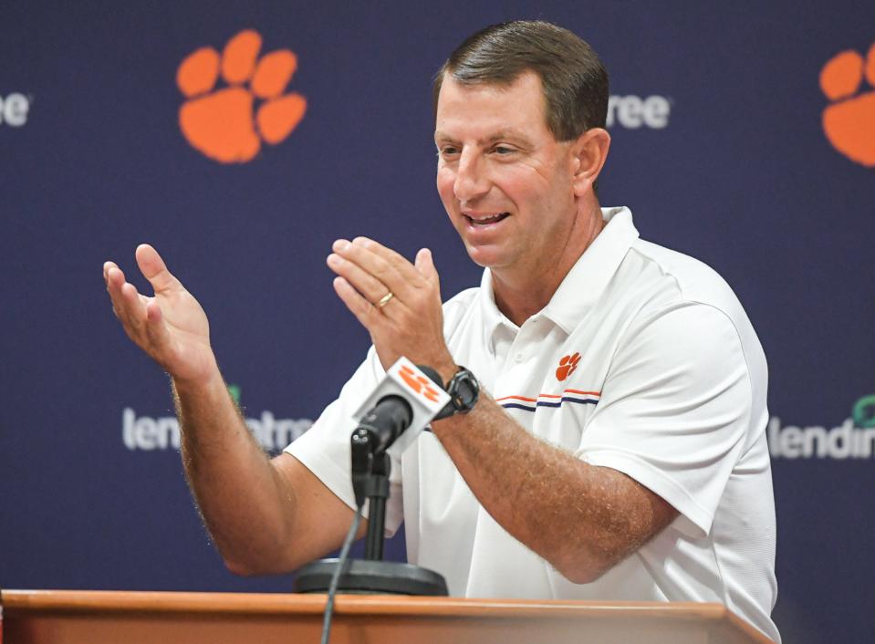 Clemson head coach Dabo Swinney talks with media during midweek interviews in Clemson, SC Thursday, September 1, 2022.