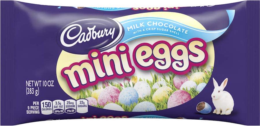 An unopened purple bag of Cadbury Mini Eggs