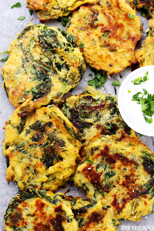 <p>Diethood</p><p>Flavorful, healthy, quick and easy baked fritters with spinach, kale, and spaghetti squash. </p><p><a href="http://diethood.com/spinach-kale-and-spaghetti-squash-fritters/" rel="nofollow noopener" target="_blank" data-ylk="slk:Get the recipe here!;elm:context_link;itc:0;sec:content-canvas" class="link "><em><strong>Get the recipe here!</strong></em></a></p>