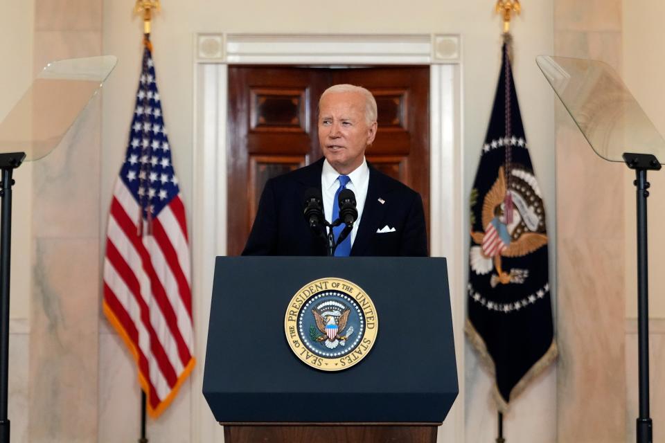 President Joe Biden speaks in the Cross Hall of the White House Monday, July 1, 2024, in Washington DC (AP)