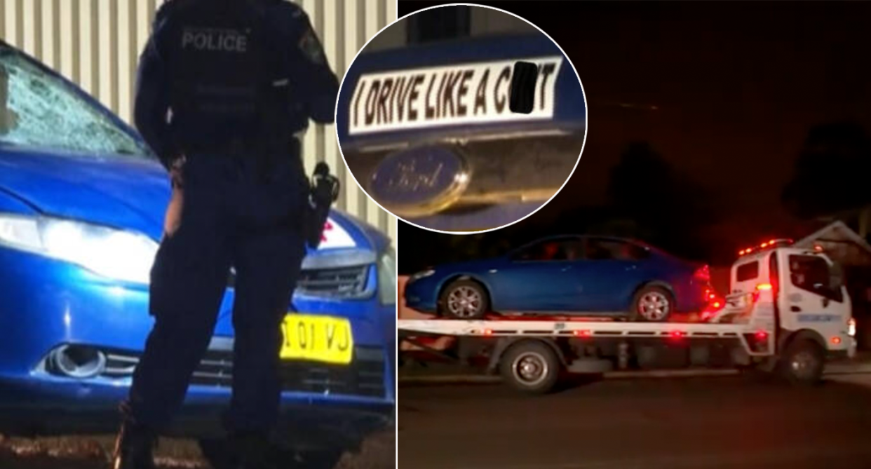 A bumper sticker is pictured in an inset that reads 'I drive like a c**t', in front of two images of a crash in Sydney overnight that saw a pedestrian killed. 