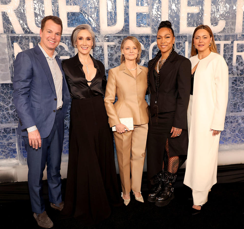 Casey Bloys, Chairman & CEO, HBO and HBO Max Content, Issa López, Jodie Foster, Kali Reis and Francesca Orsi, EVP, Head of Drama, HBO Programming attend the Los Angeles premiere of Warner Bros.' "True Detective: Night Country" at Paramount Theatre on January 09, 2024 in Los Angeles, California.