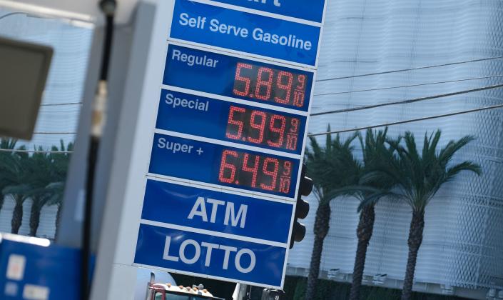 The high price of gasoline is displayed at a Los Angeles gas station on November 24, 2021. - With inflation surging ahead of the Thanksgiving holiday, US President Joe Biden has drawn on the seldom-used Strategic Petroleum Reserve to combat rising oil prices that have fueled the recent spike. (Photo by Chris Delmas / AFP) (Photo by CHRIS DELMAS/AFP via Getty Images)
