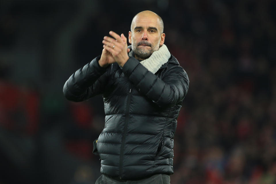 LIVERPOOL, ENGLAND - NOVEMBER 10: Pep Guardiola, Manager of Manchester City applauds fans following his team's defeat in the Premier League match between Liverpool FC and Manchester City at Anfield on November 10, 2019 in Liverpool, United Kingdom. (Photo by Tom Flathers/Manchester City FC via Getty Images)