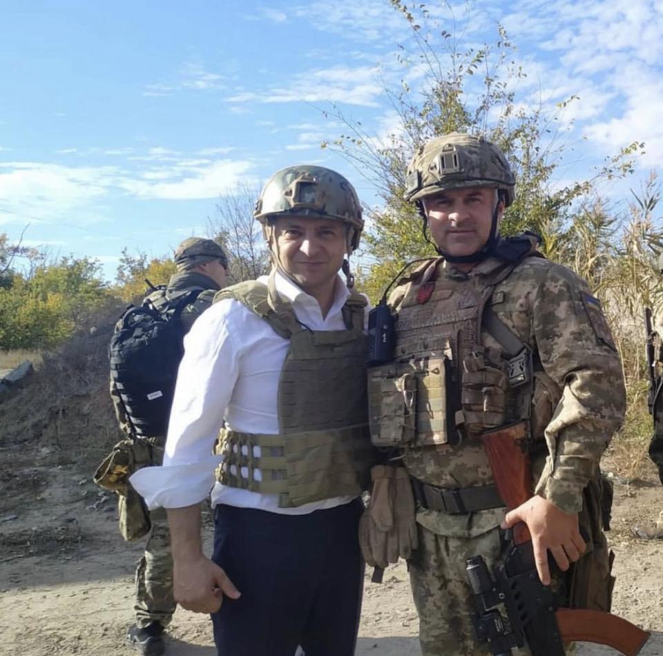 PHOTO: Col. Oleh Avtomeenko with Ukrainian President Volodymyr Zelenskyy in Avdiivka, Donetsk region, Ukraine, in a handout photo from 2019.  (Oleh Avtomeenko)