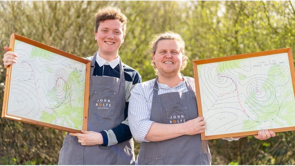 John Rolfe (right) and his colleague Alex Hickman holding up two of the D-Day landing maps