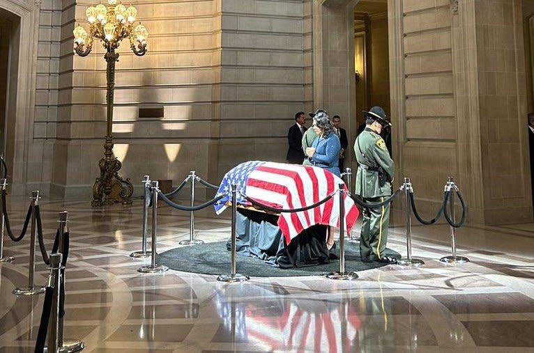 Sen. Dianne Feinstein's body lies in state Wednesday at San Francisco City Hall. Rep. Nancy Pelosi paid her respects with Feinstein's family in private before a public viewing. A memorial service is scheduled for Thursday in San Francisco. Photo courtesy San Francisco Mayor London Breed X account.