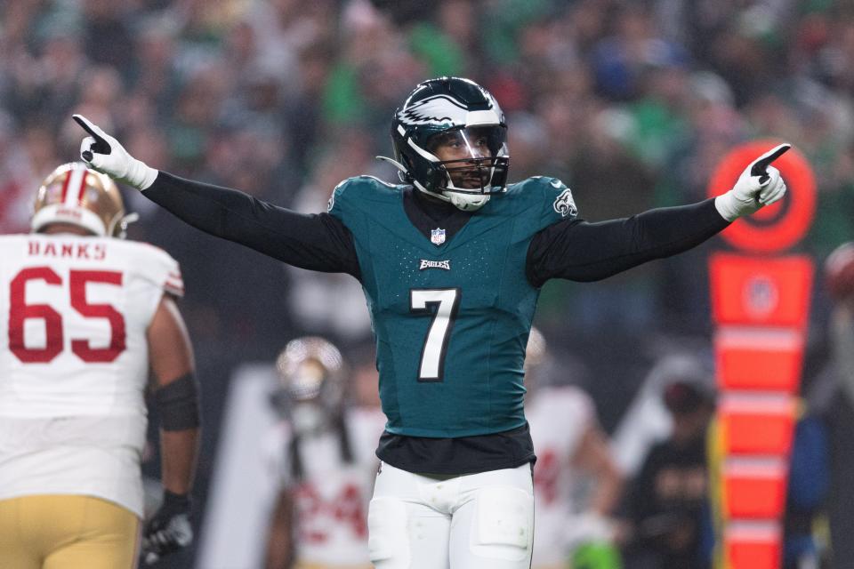 Philadelphia Eagles linebacker Haason Reddick (7) reacts after a defensive stop against the San Francisco 49ers during the first quarter at Lincoln Financial Field on Dec. 3, 2023, in Philadelphia.