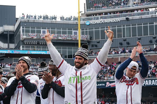 ATLANTA, GA - NOVEMBER 05: Members of the Atlanta Braves team speak following the World Series Parade at Truist Park on November 5, 2021 in Atlanta, Georgia. The Atlanta Braves won the World Series in six games against the Houston Astros winning their first championship since 1995. (Photo by Megan Varner/Getty Images)