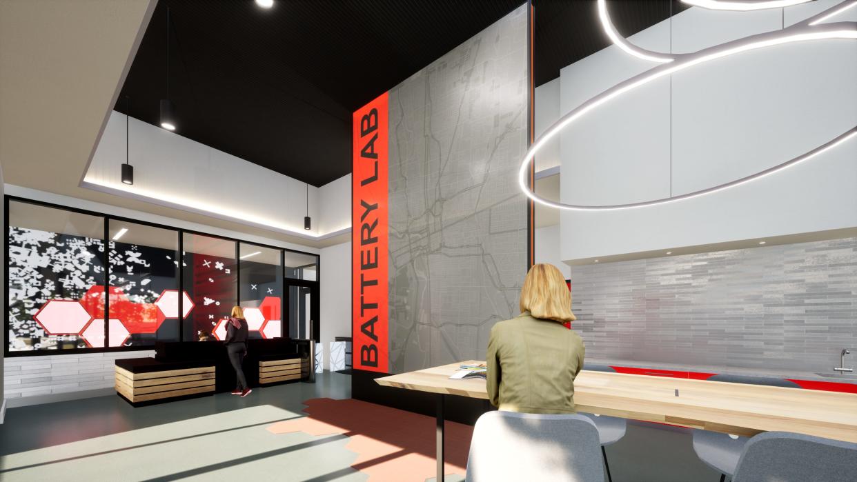 Rendering of the lobby of the battery cell research and development center at Ohio State University.