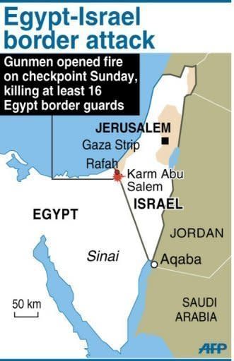 Map locating the area where gunmen killed 16 Egypt guards near the border with Israel