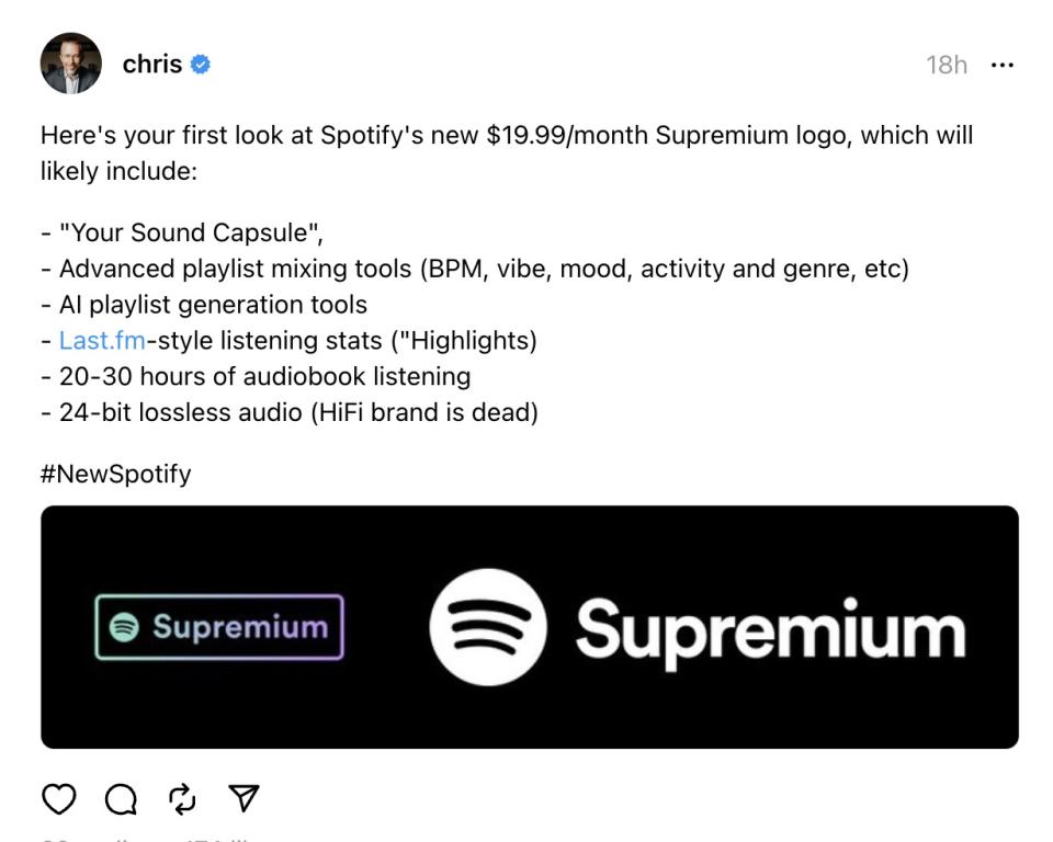 app 工程師 Chris Messina 在 Spotify 的 app 代碼中找到被仍公未佈的 「Supremium」訂閱服務內容