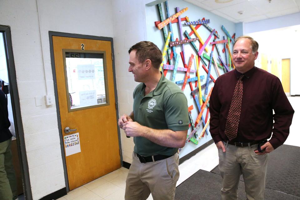 Maude H. Trefethen School Principal David Latchaw, left, and Portsmouth Superintendent of Schools Steve Zadravec talk about the qualities of the small school on the Island of New Castle.