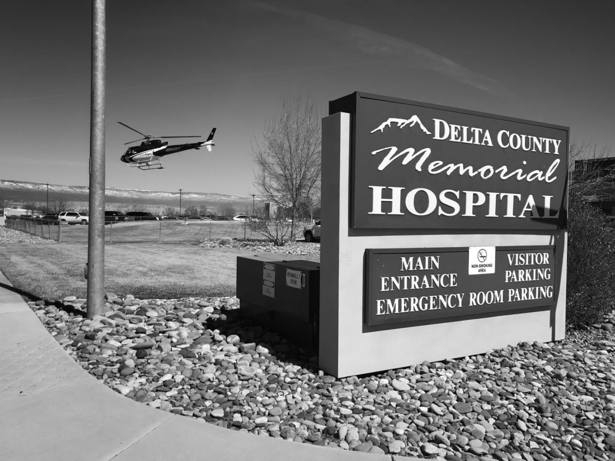 A medical helicopter departs after dropping off a patient at the Delta County Memorial Hospital in Delta, Colo. (Photo: Holly Bailey/Yahoo News)