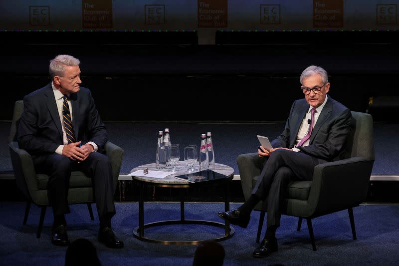 FILE PHOTO: Federal Reserve Chairman Jerome Powell speaks during a meeting of the Economic Club of New York in New York