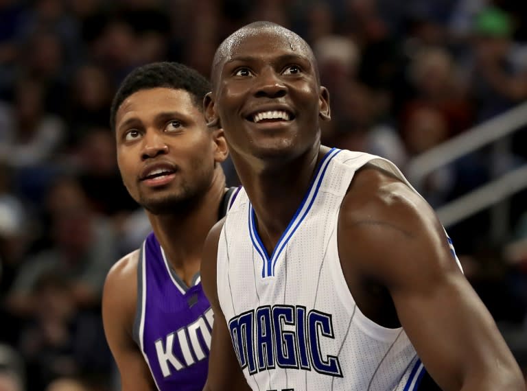 Orlando Magic's Bismack Biyombo (R), who is from the Democratic Republic of Congo, will play for Team Africa in the NBA's second game on the continent