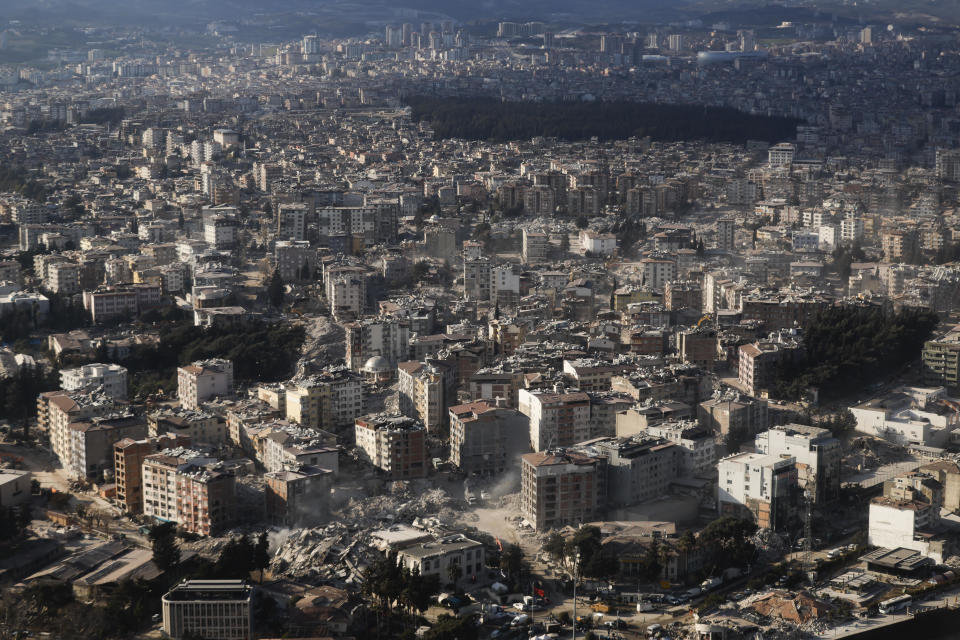 A general view of damage following a deadly earthquake, as U.S. Secretary of State Antony Blinken and Turkish Foreign Minister Mevlut Cavusoglu take a helicopter tour of earthquake-stricken areas of Hatay Province, Turkey, on Sunday, Feb. 19, 2023. / Credit: Clodagh Kilcoyne/Pool Photo via AP