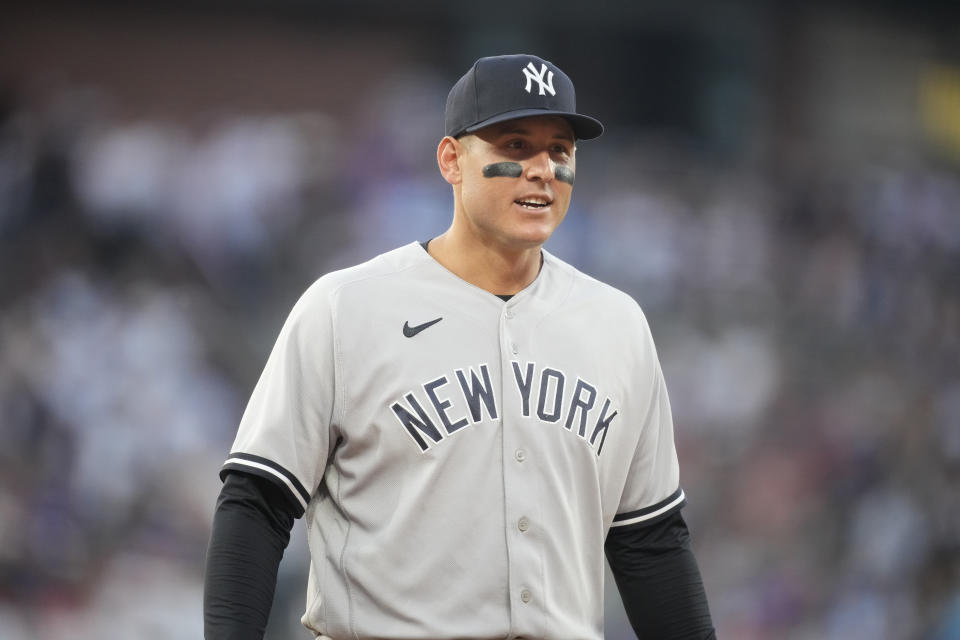 New York Yankees first baseman Anthony Rizzo (48) in the seventh inning of a baseball game Saturday, July 15, 2023, in Denver.(AP Photo/David Zalubowski)