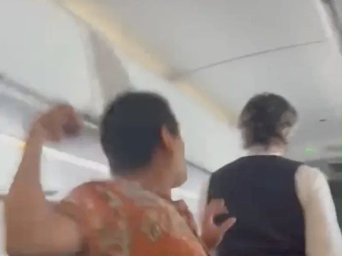 American Airlines passenger reaching back to punch a flight attendant.