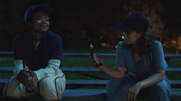 Pitcher Max (Chanté Adams) and catcher Carson bond over a beer and baseball.<p>Photo: Courtesy of Amazon Studios</p>