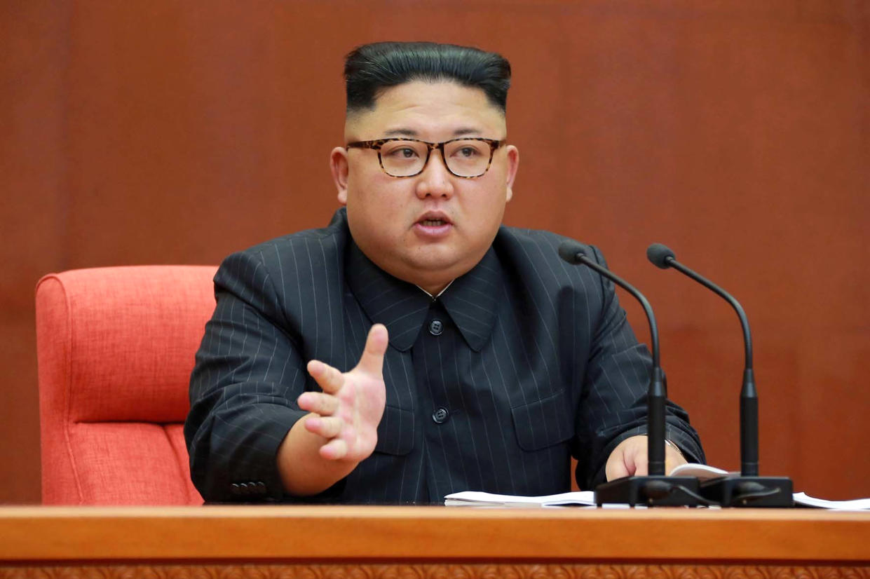 North Korean leader Kim Jong Un speaks during a meeting of the central committee of the Workers' Party of Korea in Pyongyang. (Korean Central News Agency/Korea News Service via AP)