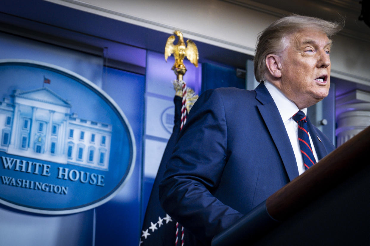 WASHINGTON, DC - AUGUST 23: President Donald Trump announces that the Food and Drug Administration is issuing an emergency authorization for blood plasma as a coronavirus treatment during a press conference in James S. Brady Briefing Room at the White House on on August 23, 2020 in Washington, DC. The move by the FDA comes after President Trump accused the FDA of slow-walking the therapy to harm his reelection chances.(Photo by Pete Marovich/Getty Images)