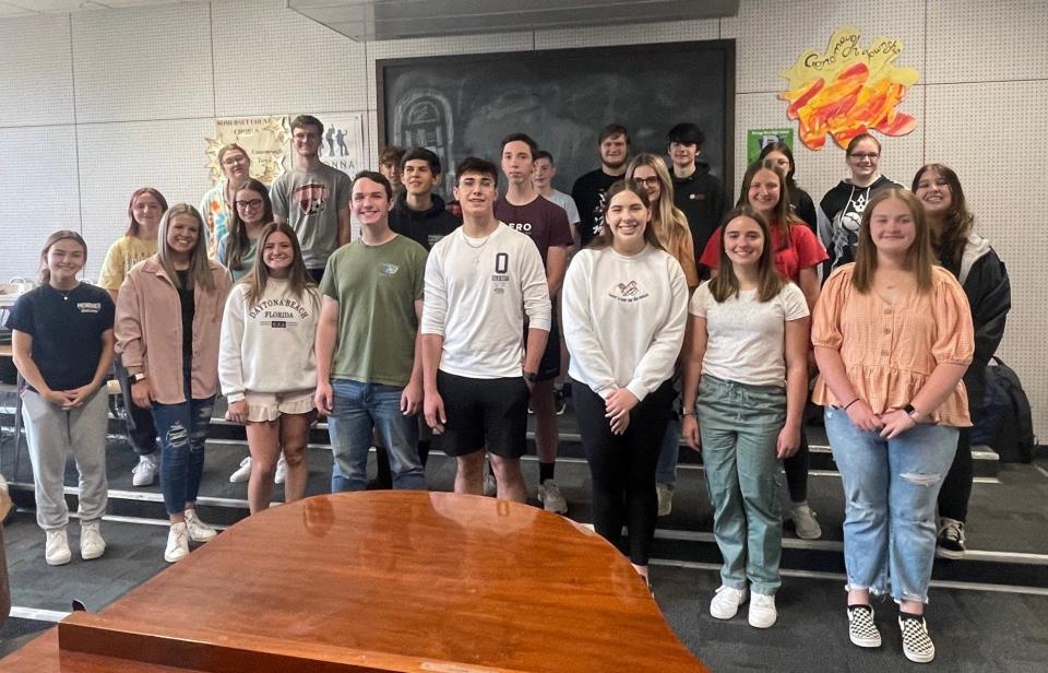 The Conemaugh Township Area High School Choir will sing with rock band Foreigner on May 23 at 1st Summit Arena in Johnstown. Choir members are, left to right, front row: Sydney McMillan, Tanner Hunsberger, Sophia Stango, Hayden Lingenfelter, Caven Miller, Cameron Berloffe, Emma Mitchell, Callie Parker; middle row: Katie Troxell, Gracie McCall, Heath Moser, Chris Yoder, Karly Brenchak, Julia Thomas, Hayley Felan; back row: Kassandra Wagner, Ryan Brown, Kyle Wirick, Isaac Marsh, Jonathan Fochtman, Derek Pongrac, Casie O'Connell and Lily Newfield.