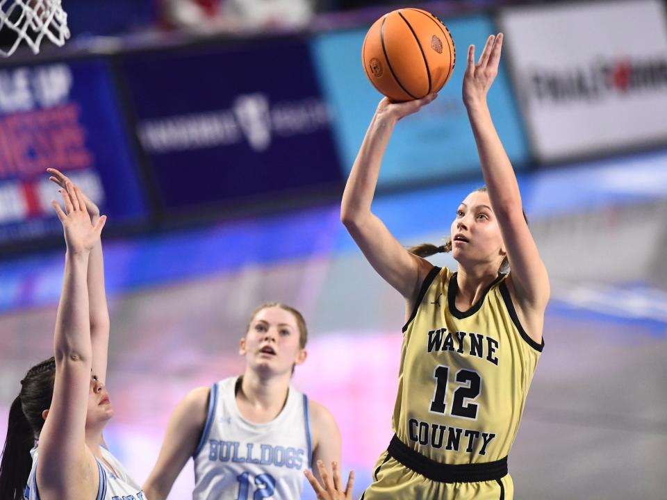 Wayne County's Blair Baugus (12) with short jumper during the the TSSAA BlueCross Girls Basketball Championship Class 1A semifinal game against Hampton in Murfreesboro, Tenn. on Friday, March 10, 2023. 