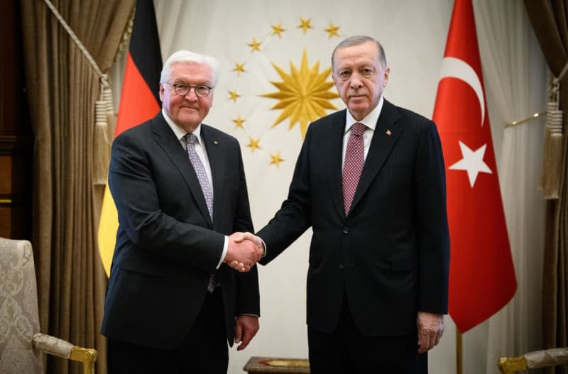 Turkish President Recep Tayyip Erdogan meets with German President Frank-Walter Steinmeier at the Presidential Palace as part of Steinmeier's three-day official visit to Turkey. Bernd von Jutrczenka/dpa