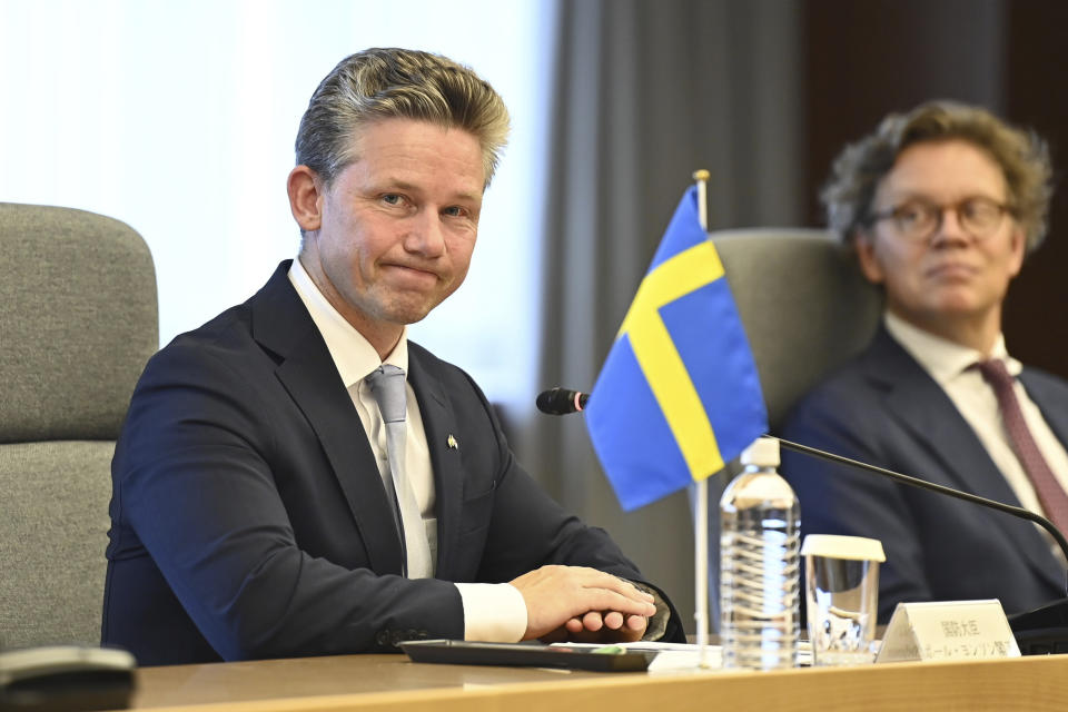 Sweden's Defense Minister Pal Jonson, left, attends the bilateral talk with Japanese Defense Minister Yasukazu Hamada, not in photo, at the Defense Ministry Wednesday, June 7, 2023, in Tokyo, Japan. (David Mareuil/Pool Photo via AP)