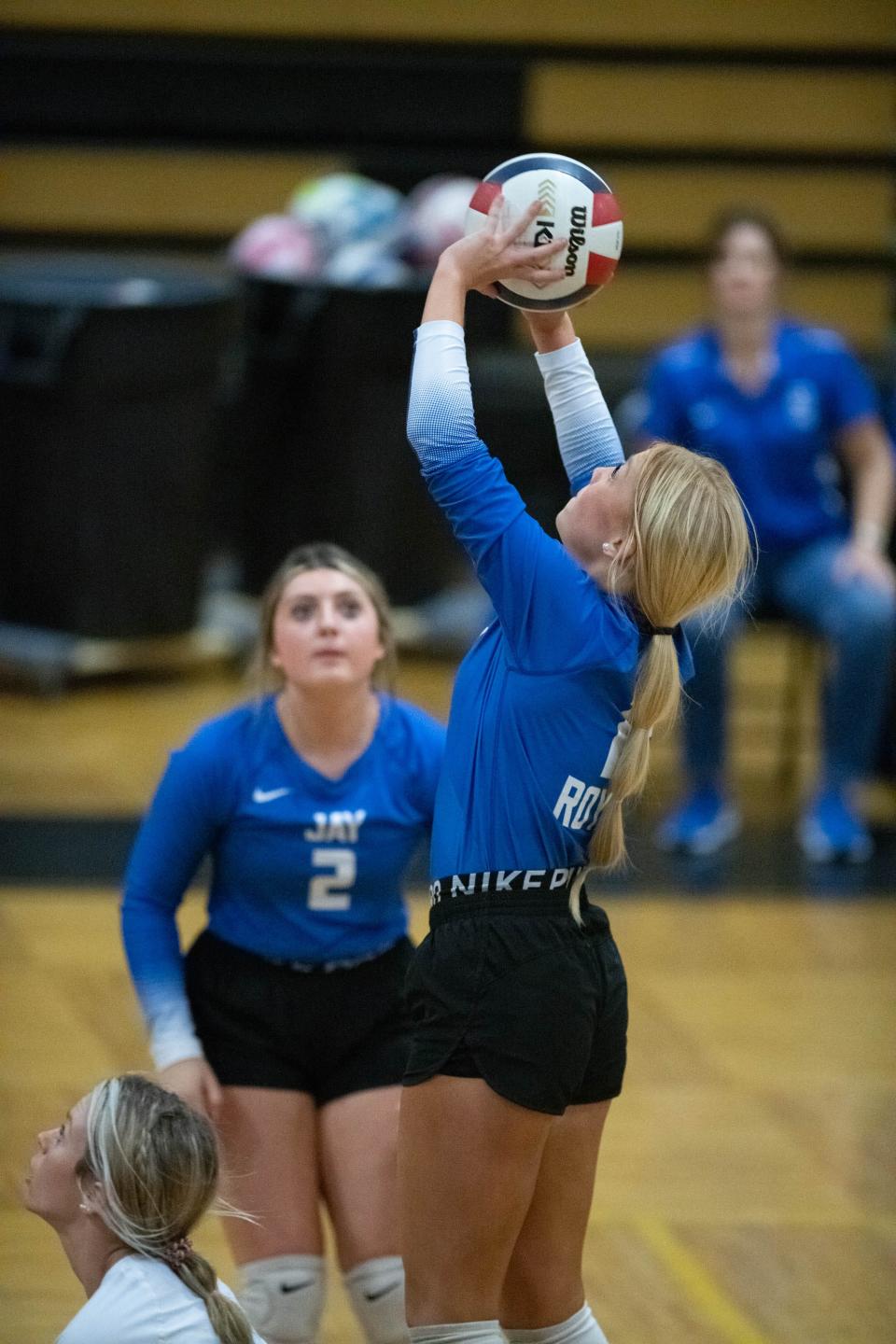 Carleigh Baker (12) plays the ball during the Jay vs Milton volleyball match at Milton High School on Thursday, Sept. 21, 2023.