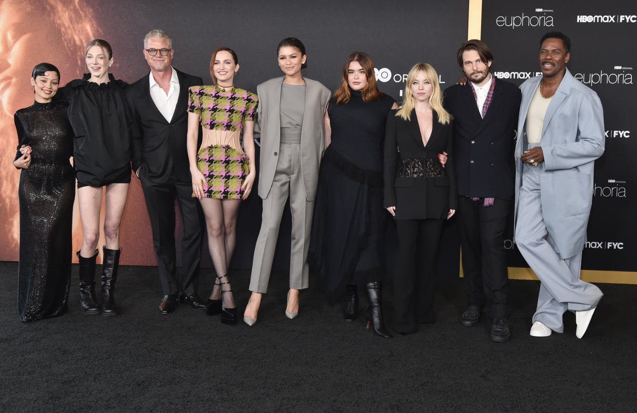 LOS ANGELES, CALIFORNIA - APRIL 20: (L-R) Alexa Demie, Hunter Schafer, Eric Dane, Maude Apatow, Zendaya, Barbie Ferreira, Sydney Sweeney, Sam Levinson, and Colman Domingo attend the HBO Max FYC event for 