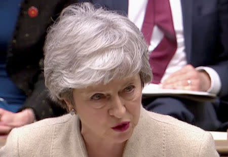 Britain's Prime Minister Theresa May speaks in the Parliament in London, Britain, March 29, 2019 in this screen grab taken from video. Reuters TV via REUTERS