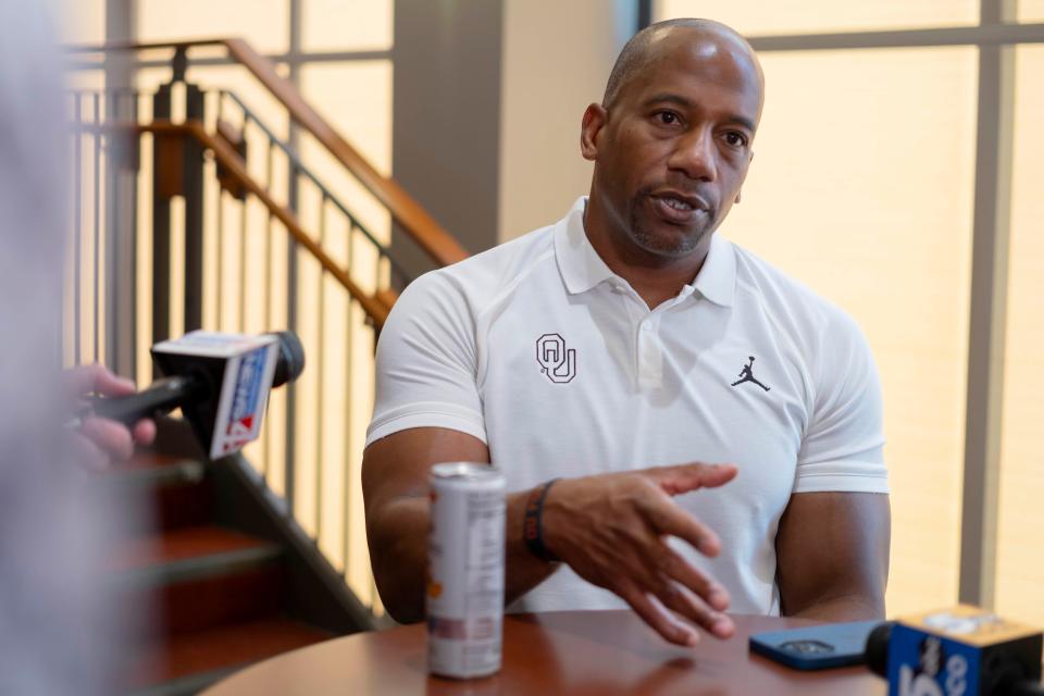 OU wide receivers coach Emmett Jones speaks during a media day for the University of Oklahoma Sooners (OU) football team in Norman, Okla., Tuesday, Aug. 1, 2023.