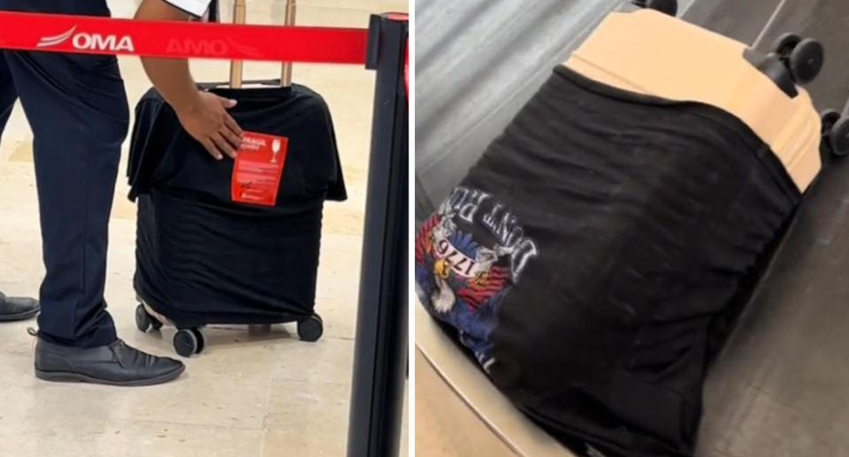 T-shirt covering the TikTok user's Beis carry-on suitcase at airport.