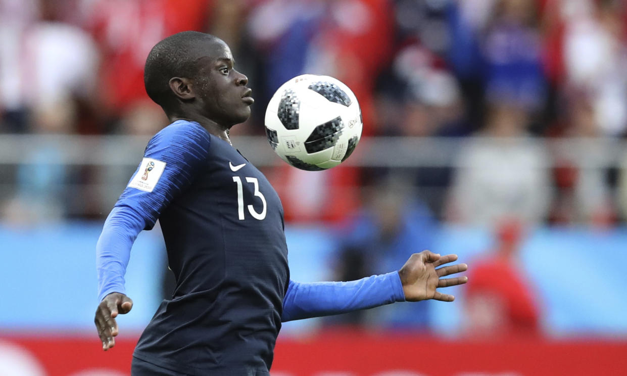 France's Ngolo Kante controls the ball during the group C match between France and Peru at the 2018 soccer World Cup in the Yekaterinburg Arena in Yekaterinburg, Russia, Thursday, June 21, 2018. (AP Photo/David Vincent)