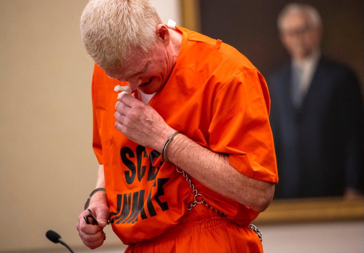 Alex Murdaugh cries as he addresses the court during his sentencing on state financial fraud charges in November (AP)