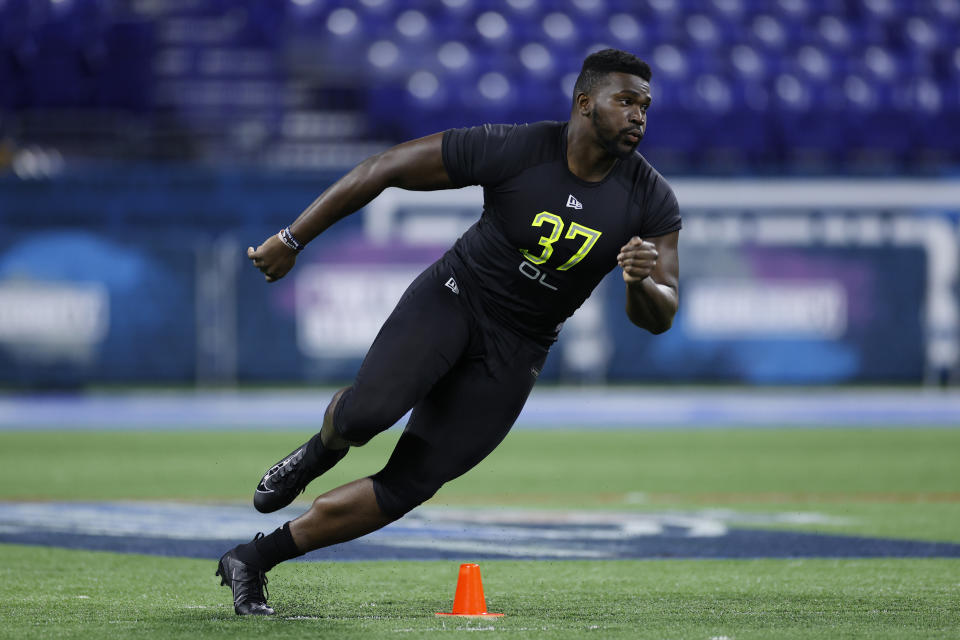 Connecticut OL Matt Peart runs a drill during the NFL Combine. (Photo by Joe Robbins/Getty Images)