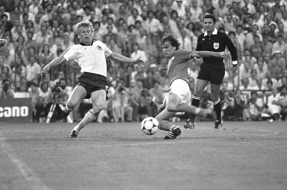 FILE - Italy's Marco Tardelli, right, hits the ball past West German defender Bernd Forster, to score his team's second goal, during the World Cup Final in the Santiago Bernabau Stadium, Madrid,on July 11, 1982. Italy defeated West Germany 3-1. (AP Photo, File)