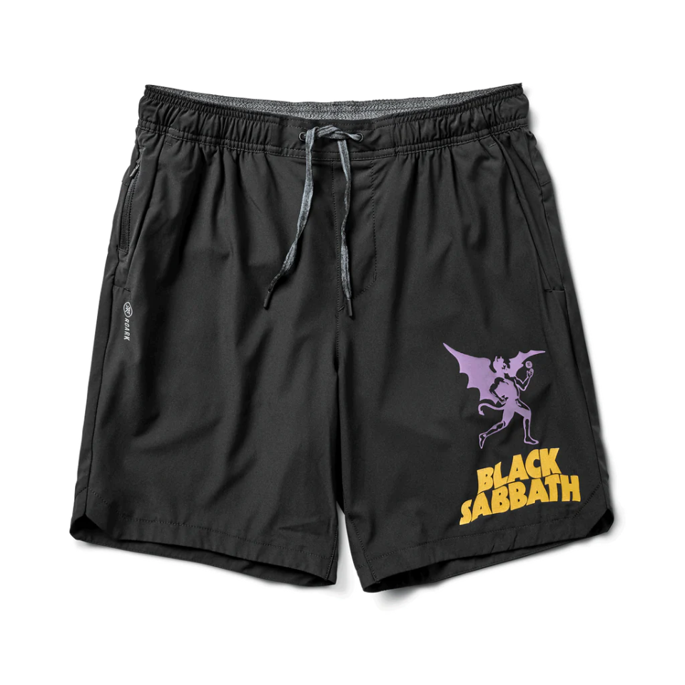 black shorts with purple black sabbath logo