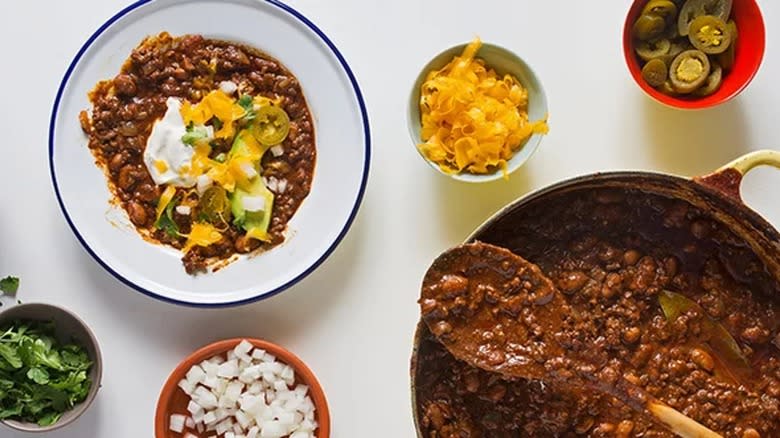 dutch oven and bowl of chili