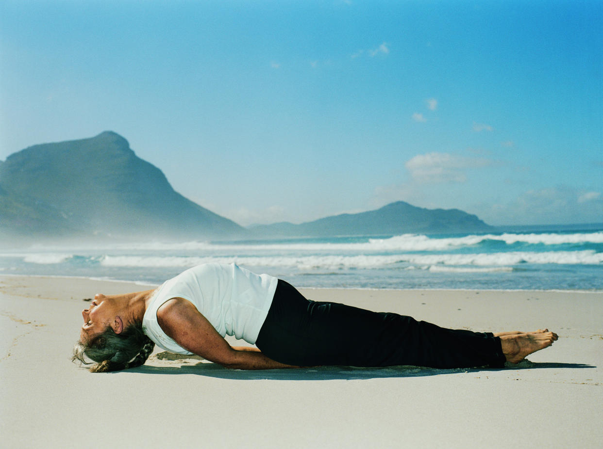 Fish pose is an excellent tension reducer, and can also be therapeutic for fatigue and anxiety, <a href="http://www.yogajournal.com/poses/786" target="_blank">according to Yoga Journal</a>. To come into the pose, sit up on your hips with legs stretched out together in front of you and toes pointed. Bring your hands under your hips and lean back to prop yourself up on your forearms. Then, lift the chest above the shoulders and drop the head back to the ground behind you. Breathe deeply and rest in the pose for 15-30 seconds.  Fish pose "releases tension in the neck, throat, and head, helps stretch the chest muscles and opens up the lungs," Bielkus says.
