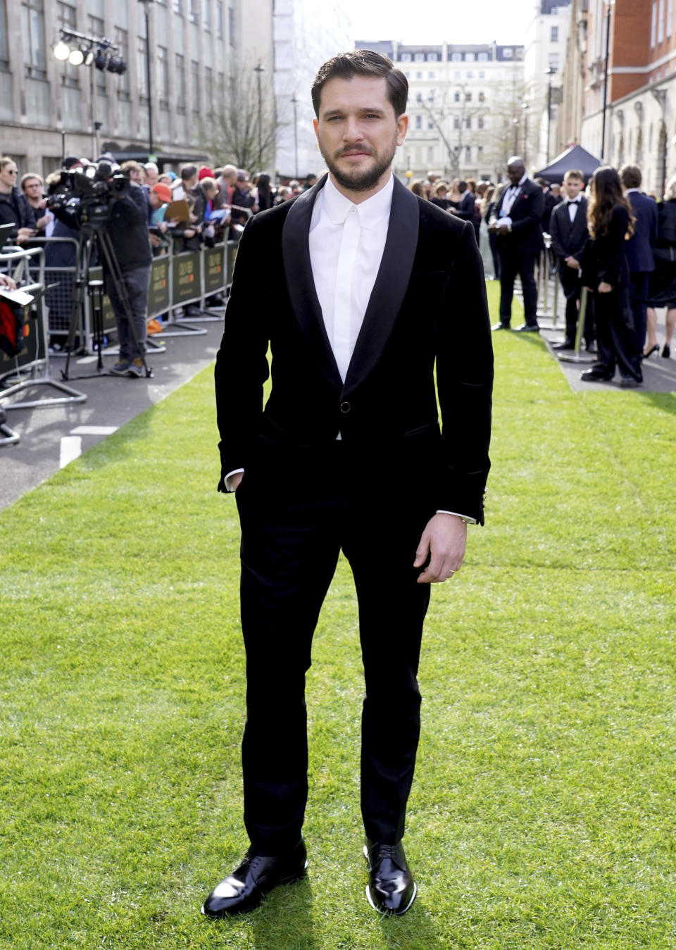 Kit Harington arrives for the Laurence Olivier Awards at the Royal Albert Hall, London, Sunday April 10, 2022. (Ian West/PA via AP)