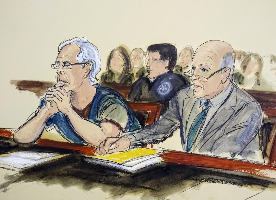 FILE - In this July 15, 2019 courtroom artist's sketch, defendant Jeffrey Epstein, left, and his attorney Martin Weinberg listen during a bail hearing in federal court, in New York. Officials say the FBI and U.S. Inspector General's office will investigate how Epstein died in an apparent suicide, while the probe into sexual abuse allegations against the well-connected financier remains ongoing. A person familiar with the matter says Epstein, accused of orchestrating a sex-trafficking ring and sexually abusing dozens of underage girls, had been taken off suicide watch before he killed himself Saturday, Aug. 10, 2019, in a New York jail. (Elizabeth Williams via AP, File)