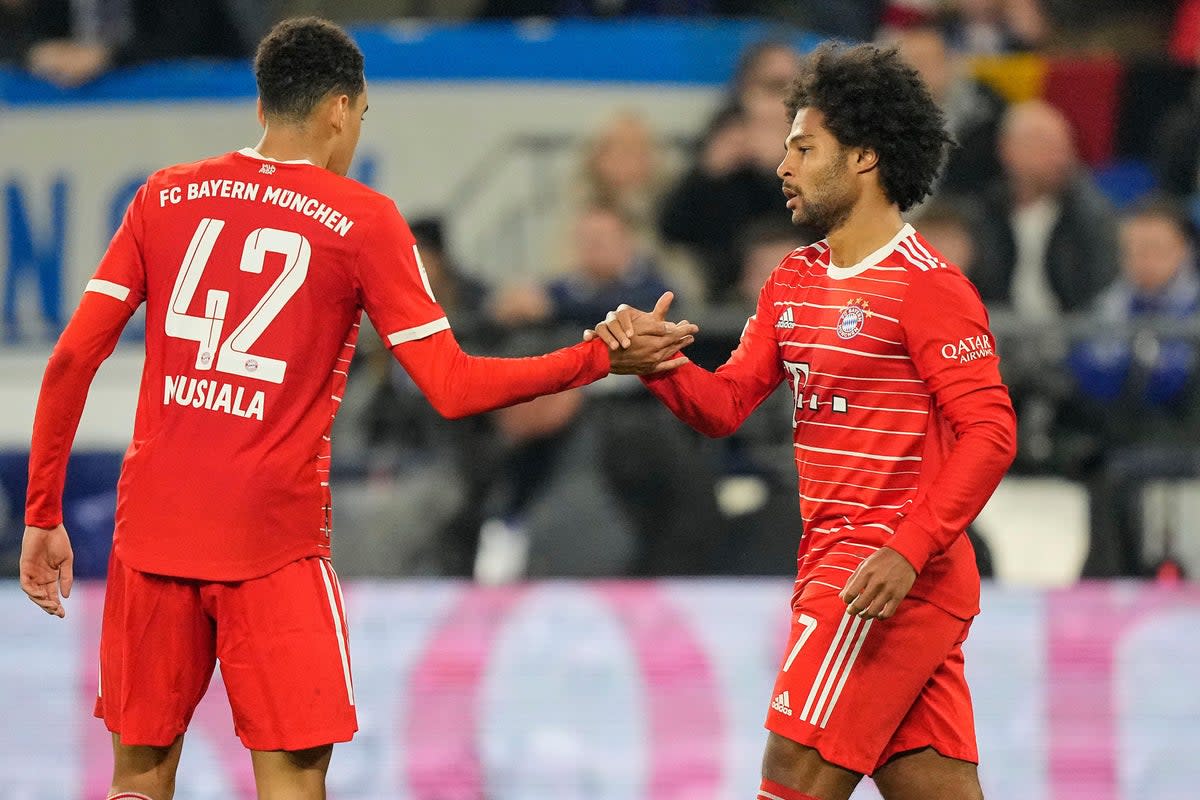 Serge Gnabry, right, fired in Bayern’s first goal with the help of Jamal Musiala, left (Martin Meissner/AP) (AP)