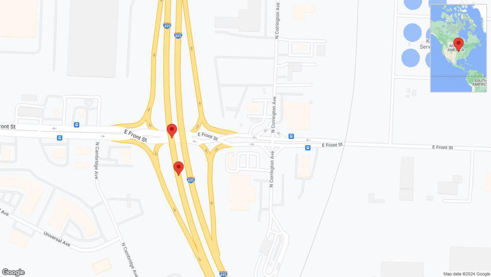 A detailed map that shows the affected road due to 'Broken down vehicle on southbound I-435 in Kansas City' on July 15th at 11:51 p.m.