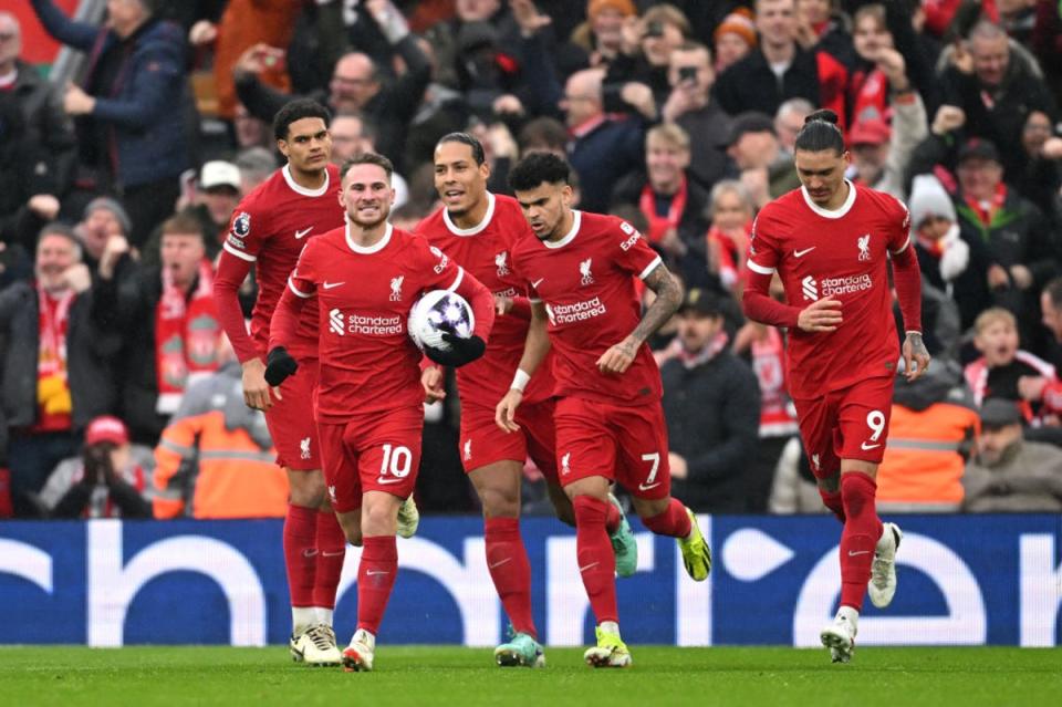 Liverpool celebrate scoring at Anfield (Getty Images)