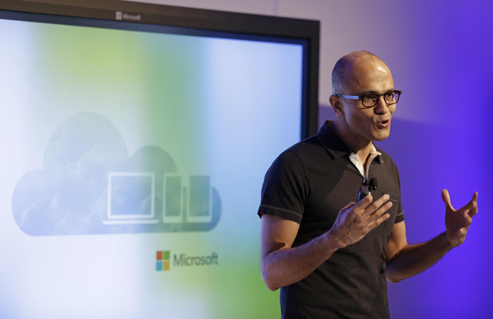 Microsoft CEO Satya Nadella gestures while speaking during a press briefing on the intersection of cloud and mobile computing Thursday, March 27, 2014, in San Francisco. Microsoft unveiled Office for the iPad, a software suite that includes programs such as Word, Excel and PowerPoint, and works on rival Apple Inc.'s hugely popular tablet computer. (AP Photo/Eric Risberg)