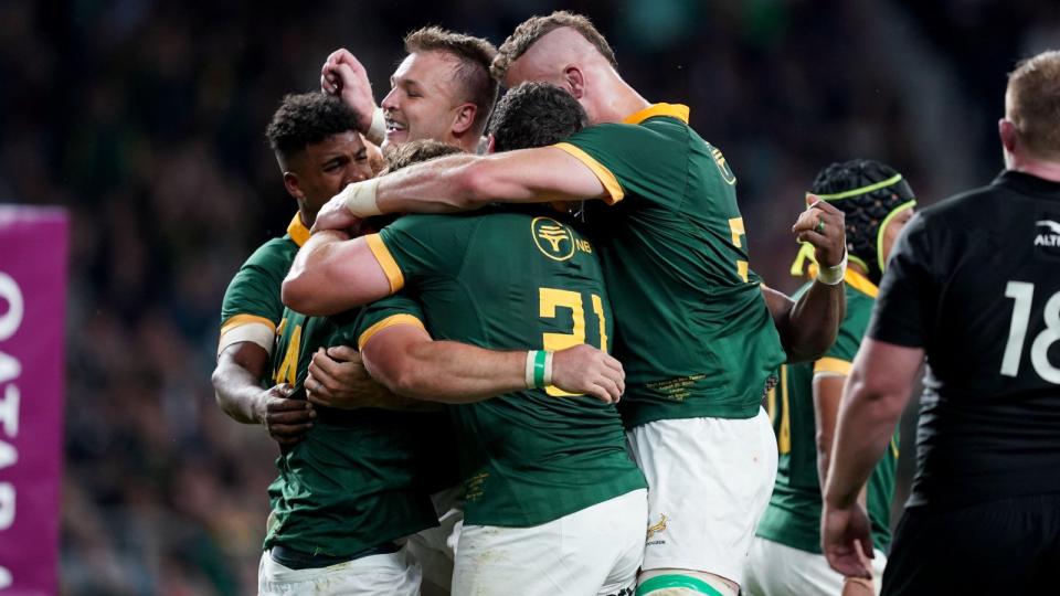 Springbok players celebrate a try against New Zealand. Credit: Alamy